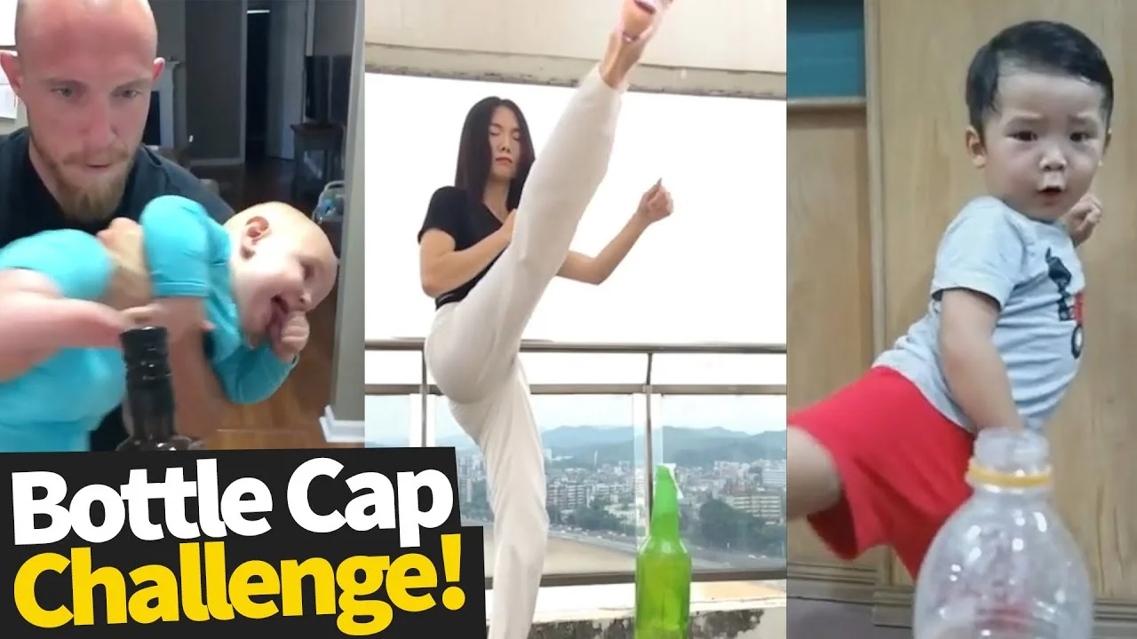Compilation grid showing three diverse bottle cap challenge attempts.