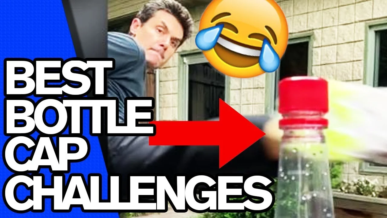 Meme collage showing man with bottle cap challenge highlighted by arrow.