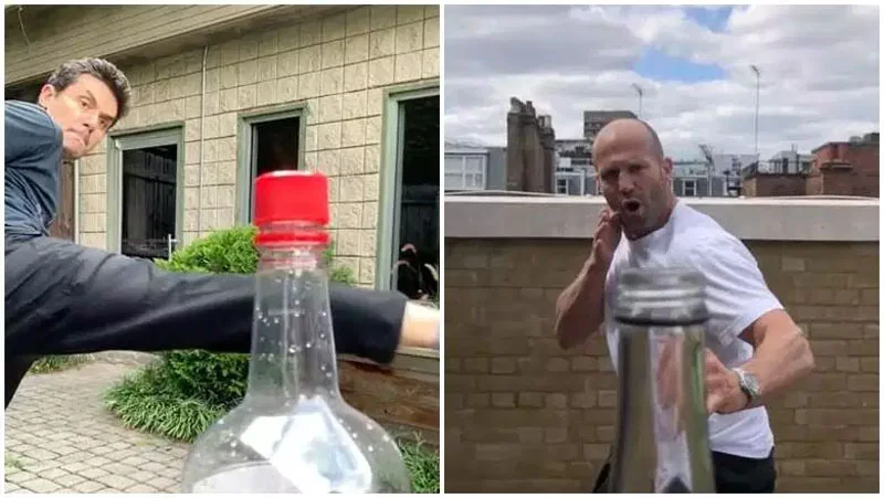 Two-panel image of people attempting bottle cap challenge.