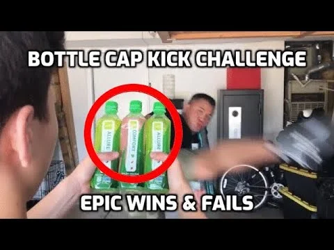 Video montage of bottle cap challenge attempts with wins and fails.
