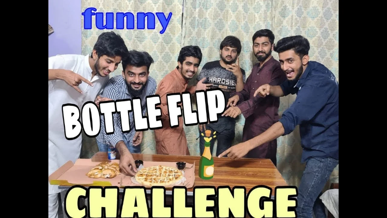Group of men with 'BOTTLE FLIP CHALLENGE' impact font text meme macro