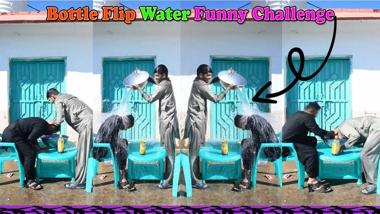 Multiple people performing bottle flip challenge with water bottles outdoors in group setting