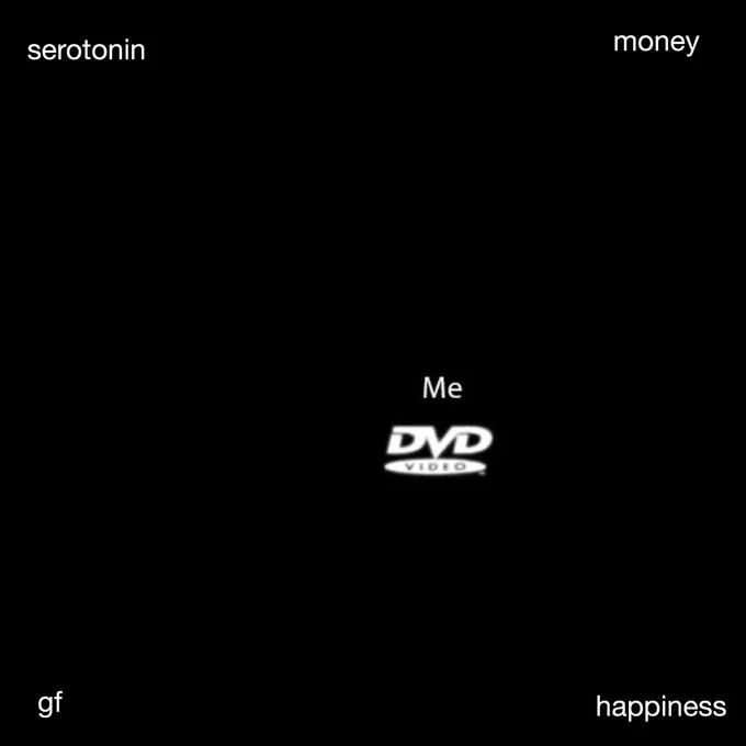 Bouncing Dvd Logo — A black screen with the white DVD Video logo centered labeled 'Me', surrounded by corner labels 'serotonin,' 'money,' 'gf,' and 'happiness'