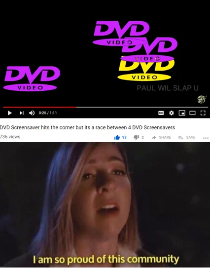 A composite meme with YouTube screenshot showing four colorful bouncing DVD logos racing, titled 'DVD Screensaver hits the corner but its a race,' paired with