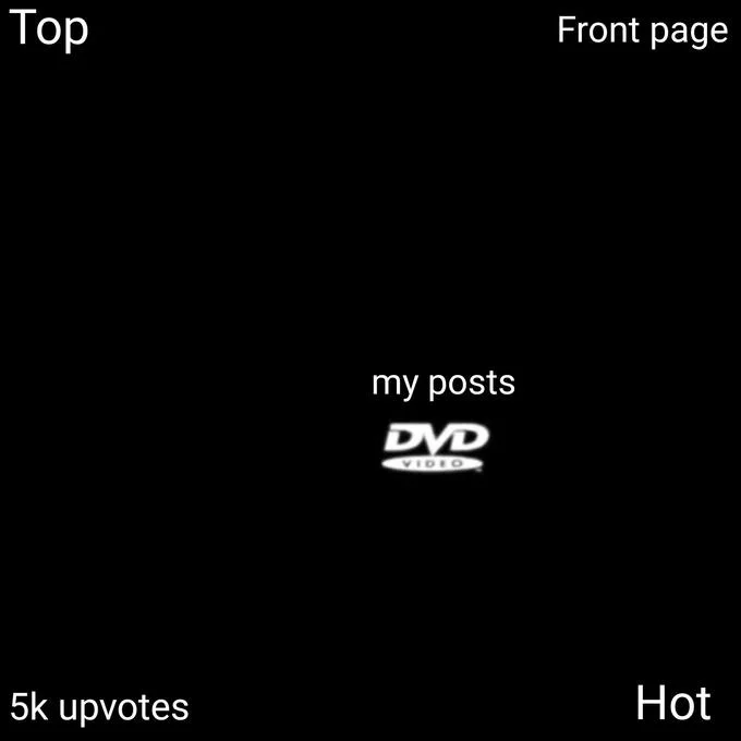 Bouncing Dvd Logo — A black background meme with the DVD logo labeled 'my posts' and corner labels for Reddit success: 'Top,' 'Front page,' '5k upvotes,' and