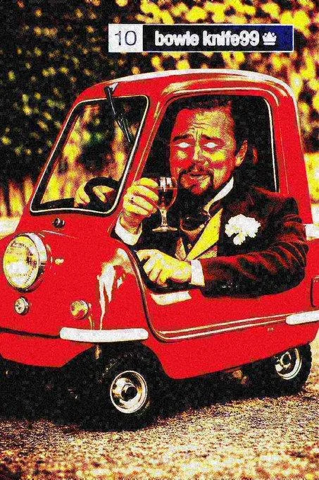 Meme edit of laughing Leonardo DiCaprio in a tiny red car with bowie knife99 Forza Horizon player tag overlay