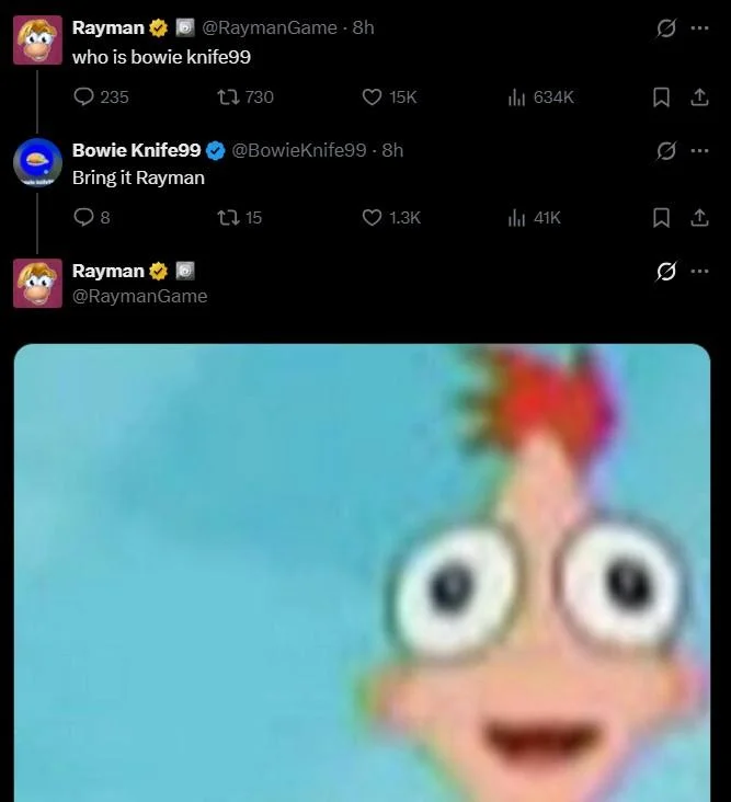 Bowie Knife99 — Twitter exchange between Rayman official account and BowieKnife99 ending with a shocked Rayman face meme