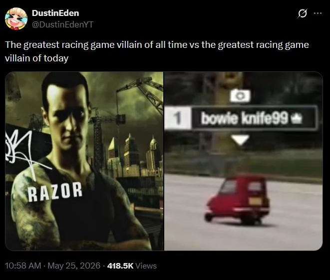 Tweet comparing Need for Speed Most Wanted villain Razor with bowie knife99 driving a tiny red car in Forza Horizon 6