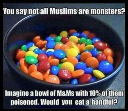 Bowl Of Mms — A black bowl heaped with colorful M&Ms against a dark background with white text asking about Muslims and stating '10% poisoned' scenario.