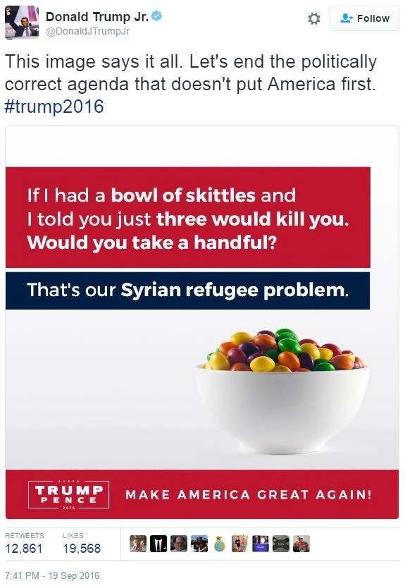 Bowl Of Mms — Screenshot of Donald Trump Jr.'s September 2016 tweet showing a Trump/Pence campaign graphic with Skittles bowl and text about Syrian refugees.