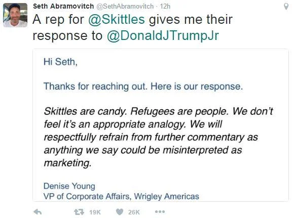 Bowl Of Mms — Screenshot of journalist Seth Abramovitch's tweet sharing Wrigley Americas' official statement responding to Trump Jr.'s Skittles meme.