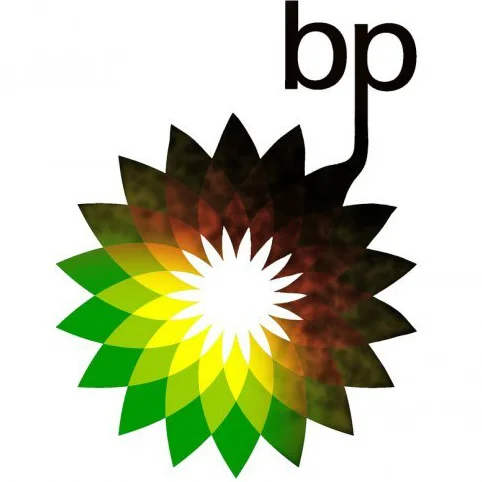 Bp Oil Spill — BP sunflower logo defaced with black oil stains and fire imagery
