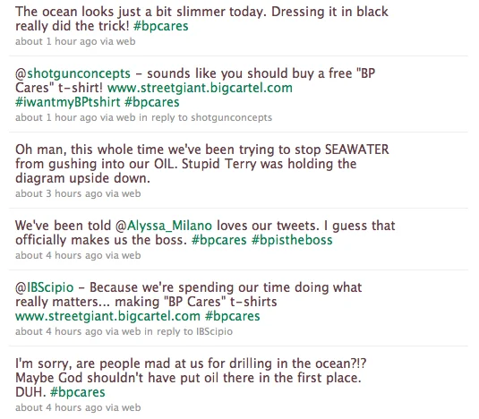 Bp Oil Spill — Screenshot of satirical @BPGlobalPR parody Twitter account tweets about the oil spill