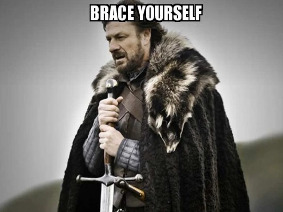 Ned Stark from Game of Thrones in signature fur cloak and armor holding his sword, with white impact font text 'BRACE YOURSELF' at the top.