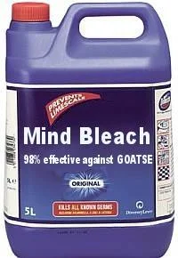 Brain Bleach Eye Bleach Mind Bleach — A 5-liter blue cleaning product container with parody label reading 'Mind Bleach,' claiming to be '98% effective against