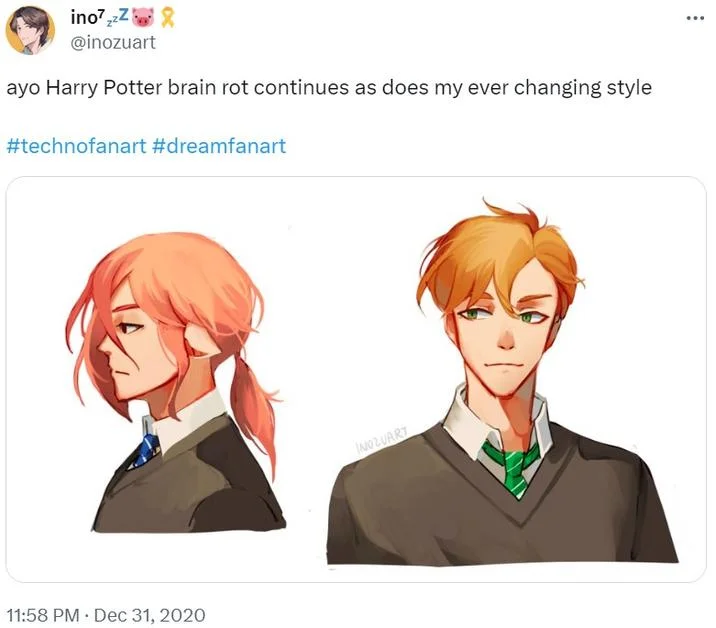 Brain Rot Brainrot — Tweet showing anime-style Harry Potter fan art with caption about ongoing 'Harry Potter brain rot'