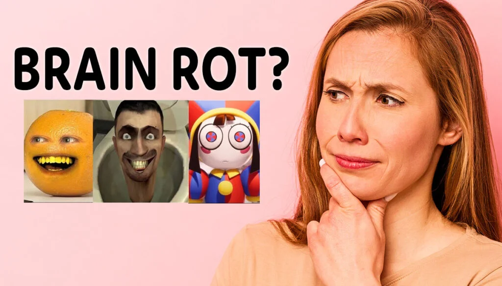 Brain Rot Vocabulary — Confused woman asking Brain Rot with chaotic internet characters.