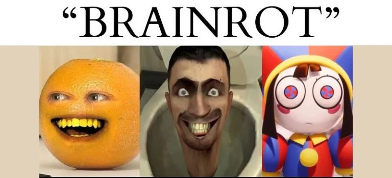 Brain Rot Vocabulary — Brainrot text with three unsettling internet character images.