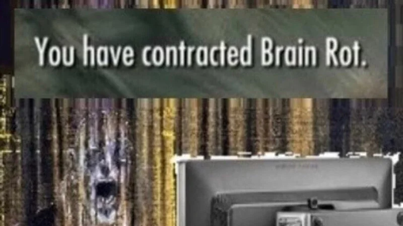 Green-tinted post-apocalyptic scene with 'You have contracted Brain Rot' displayed as a notification banner, adapting Fallout's disease system.