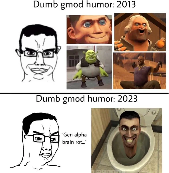Comparison meme labeled 'Dumb gmod humor: 2013' versus '2023' showing evolution from deliberate absurdism to low-effort brain rot content.
