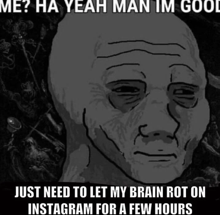 Meme featuring a man's face with contrasting captions: 'ME? HA YEAH MAN IM GOOD' versus 'JUST NEED TO LET MY BRAIN ROT ON INSTAGRAM.'