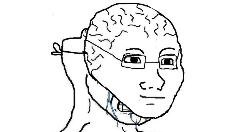 The canonical brainlet character rendered as a simple crude line drawing featuring a tall thin body with a disproportionately small head topped with simple