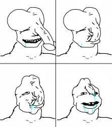 Four-panel reaction sequence showing crude stick figure expressions transitioning across panels following brainlet character design.