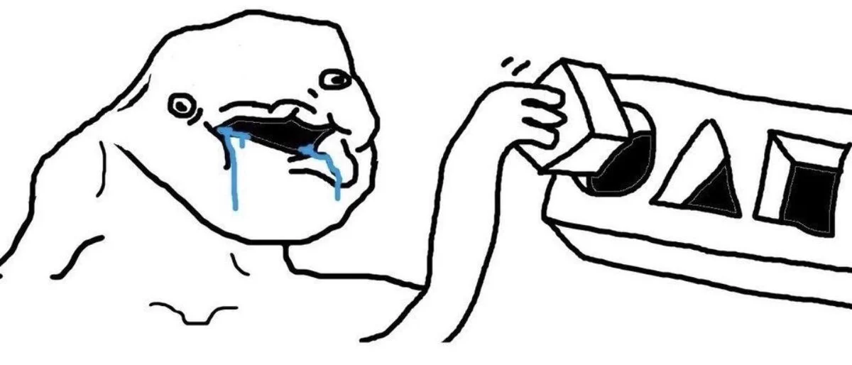 Clean two-panel template showing a brainlet character on the left crying, then being discarded or poured out on the right.