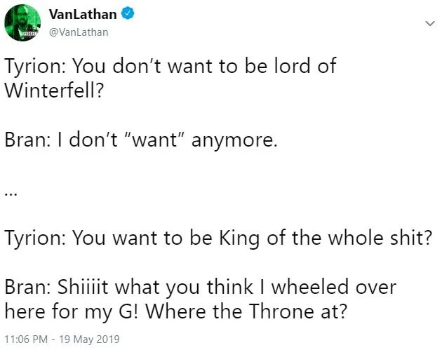 Bran The Broken — Jason O. Gilbert tweet mocking Bran's story compared to Arya