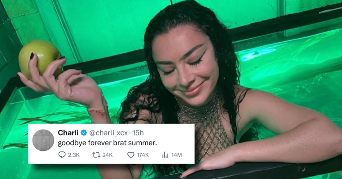Brat by Charli XCX — Charli XCX sits in a green-tinted environment holding an apple, accompanied by her viral tweet reading 'goodbye forever brat summer.'