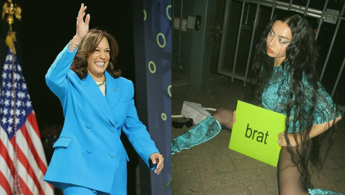 Brat by Charli XCX — A side-by-side comparison featuring Kamala Harris in a bright blue blazer next to Charli XCX in dark teal clothing with the 'brat' label