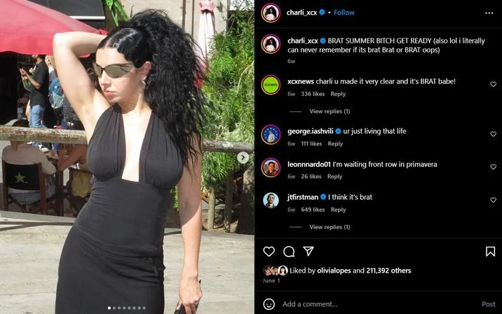A side-by-side screenshot showing Charli XCX in a black halter dress with Instagram caption 'BRAT SUMMER BITCH GET READY' and enthusiastic fan comments.