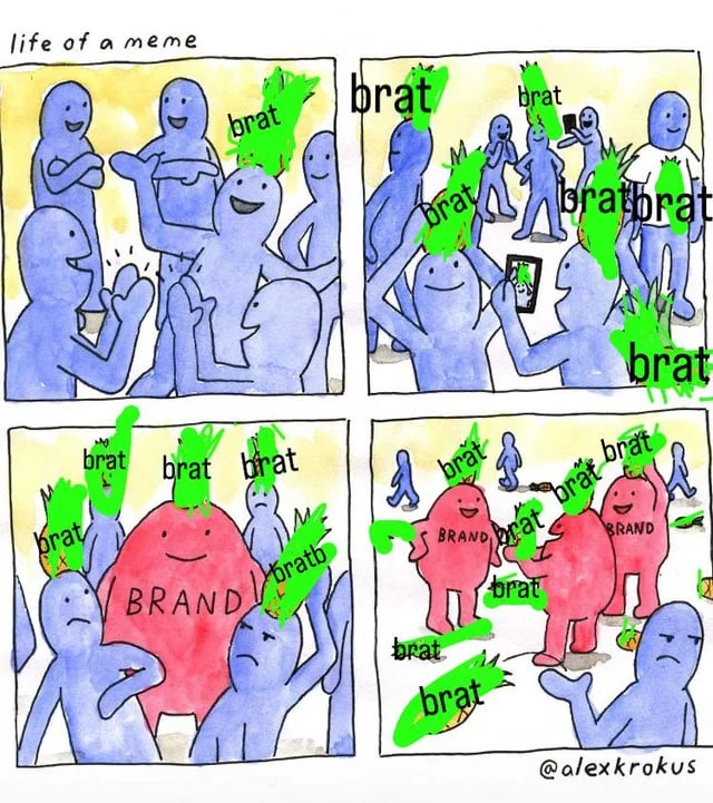Brat Summer — A hand-drawn four-panel comic titled 'life of a meme' by @alexkrokus showing blue cartoon figures passing around bright green 'brat' labels until