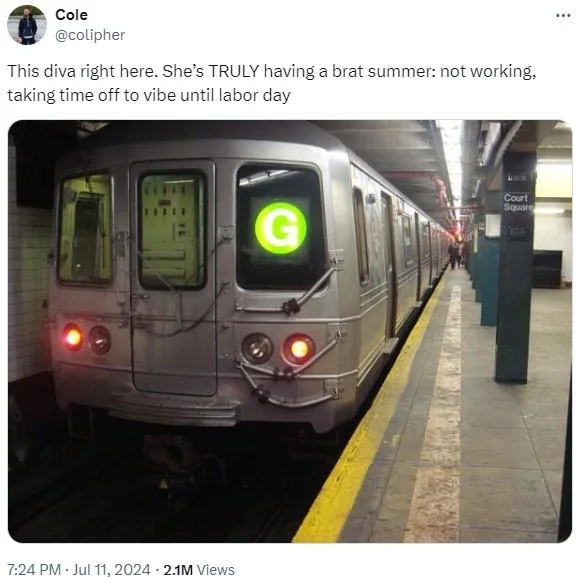A New York City subway train platform with the 'C' circle light glowing in signature lime green, with tweet about true brat summer and time off.