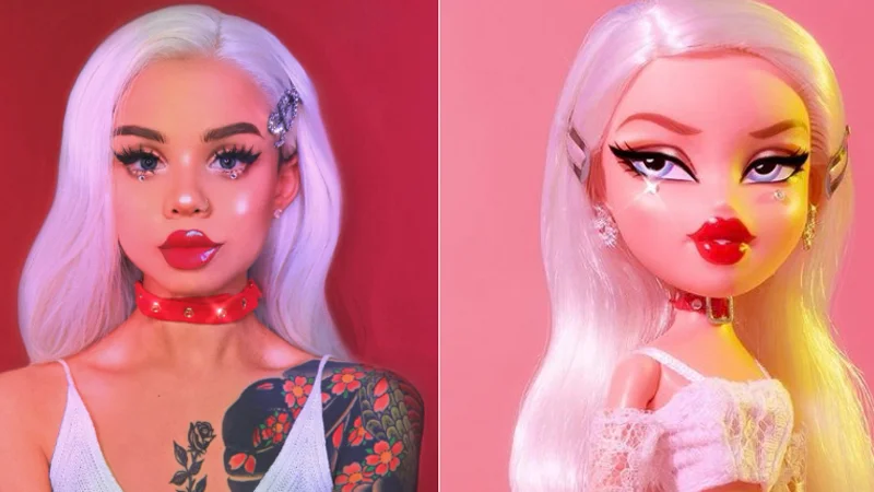 Bratzchallenge — Woman with platinum hair and heavy makeup posed next to lookalike Bratz doll