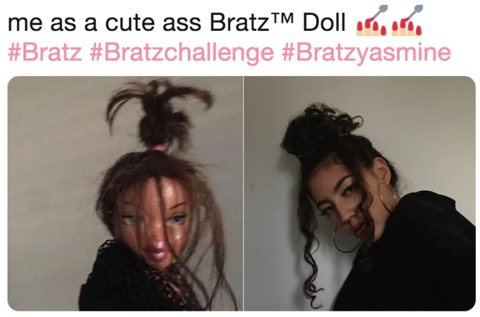 Bratzchallenge — Tweet showing a battered Bratz doll head next to a woman with matching bun hairstyle