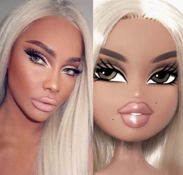 Bratzchallenge — Platinum-haired woman with pouty lips beside Bratz doll with matching features