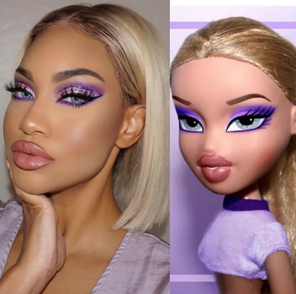 Bratzchallenge — Blonde woman with purple eyeshadow beside Bratz doll with matching makeup