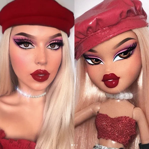 Bratzchallenge — Woman in red beret and red lips next to matching Bratz doll