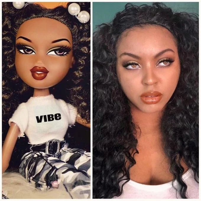 Bratzchallenge — Bratz Sasha doll next to woman with curly black hair matching the doll