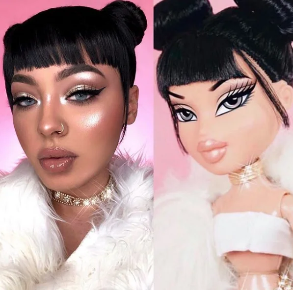 Bratzchallenge — Woman with black double buns beside Bratz doll with matching hairstyle