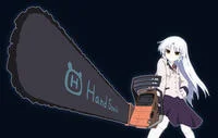 An anime girl character holds a large Husqvarna chainsaw extended diagonally toward viewer in classic Brave Perspective low-angle composition against dark