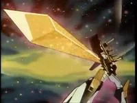 Brave Perspective — A vintage anime frame showing a golden super robot wielding an enormous golden lance stretching diagonally across screen from low-angle