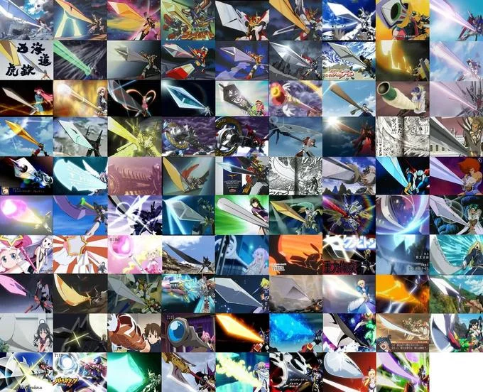 A large grid collage of dozens of anime screenshots from various series all depicting characters and mechas performing Brave Perspective stance with large