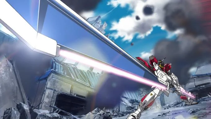 Brave Perspective — A modern CG-animated Gundam mecha extends a glowing beam saber at extreme diagonal wide angle from low perspective against dramatic sky
