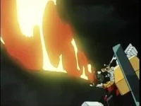 Brave Perspective — A vintage anime frame showing super robot in wide-angle heroic stance surrounded by orange flames, with large weapon or shield extending