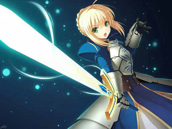 High-quality artwork of Saber wielding glowing Excalibur in brilliant blue light, sword thrust diagonally toward viewer in classic Brave Perspective