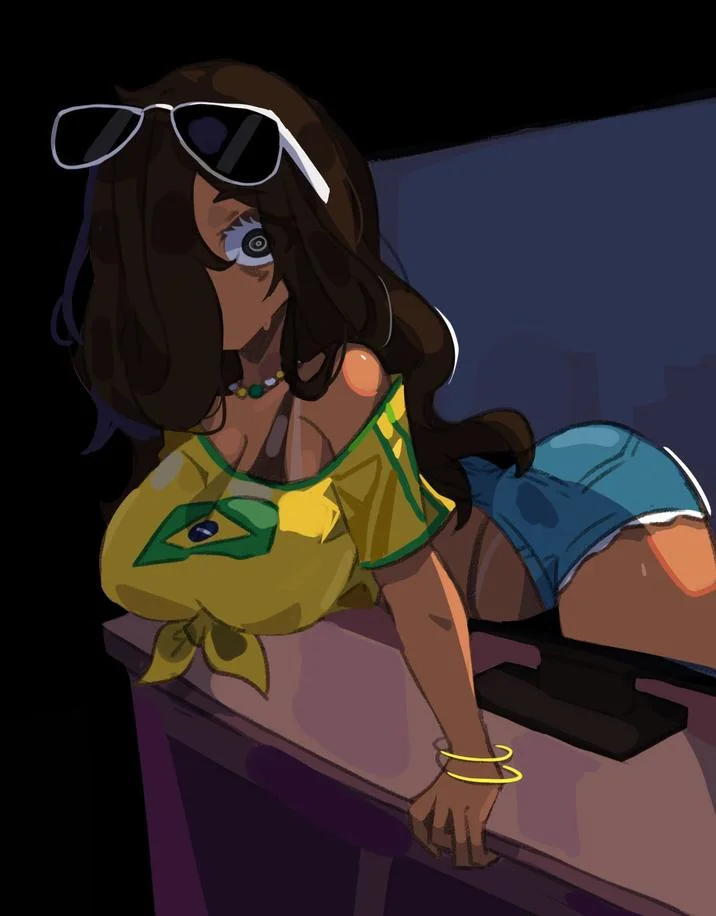 A single Brazilian Sadako character in confident pose against purple-to-black gradient background, wearing yellow crop top with Brazil flag, blue denim shorts