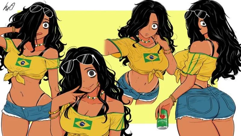 The definitive Brazilian Sadako meme composition featuring four character variations against bright yellow background, each displaying long black hair, dark