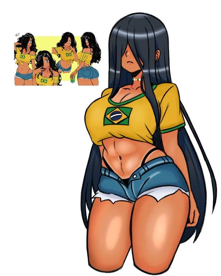 A clean illustration of kneeling Brazilian Sadako with long black hair, dark circles, yellow crop top with Brazil flag, blue denim shorts, and small group of